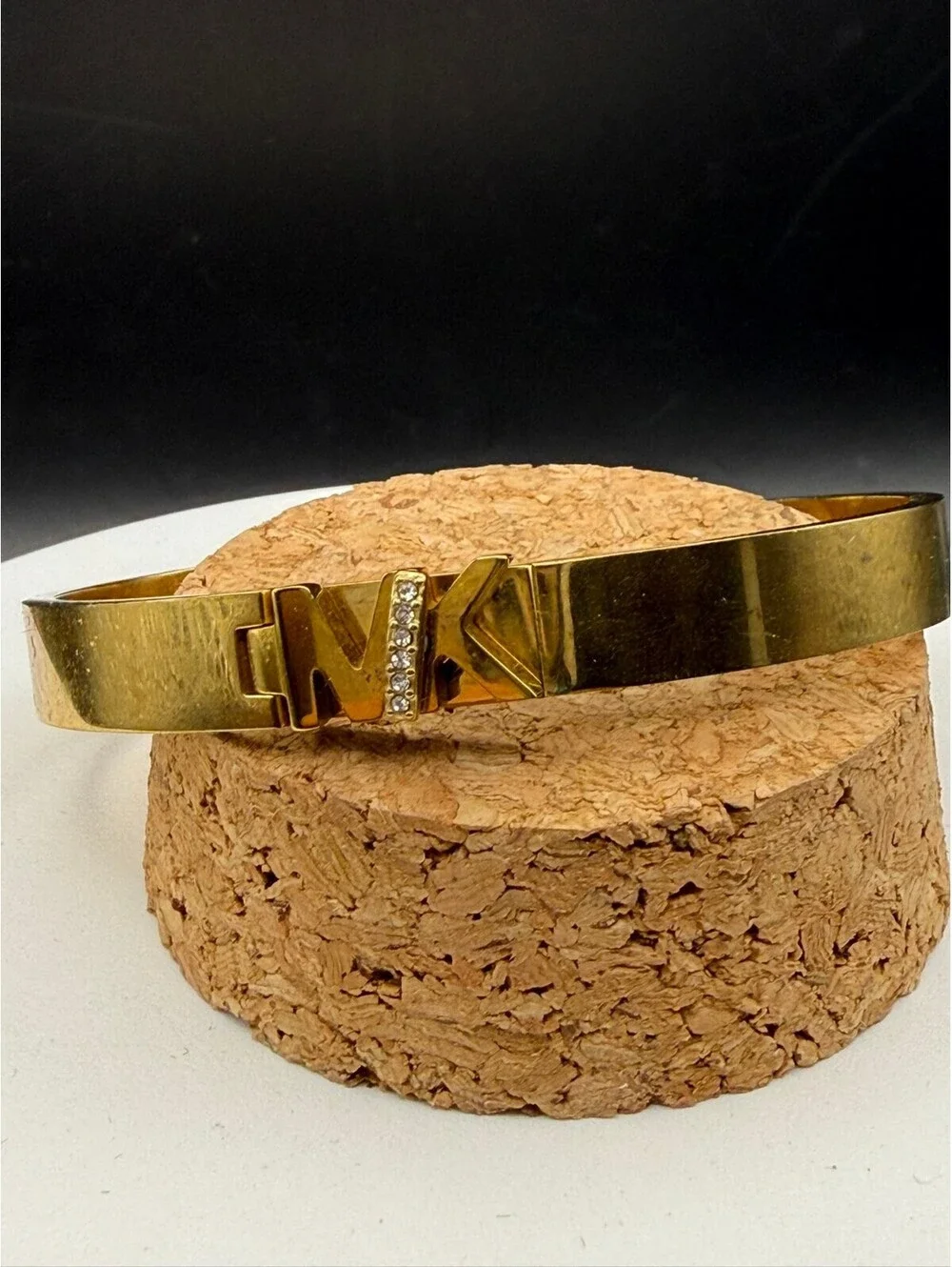 Michael Kors Gold Tone Steel MK Logo Pavé Crystal Hinged Bangle Bracelet